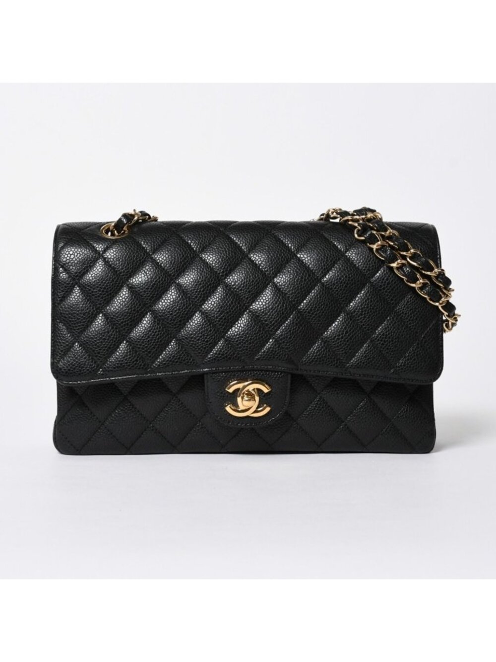 Chanel Quilted 25 Double Flap Chain Shoulder Bag CC Logo Caviar Leather Black